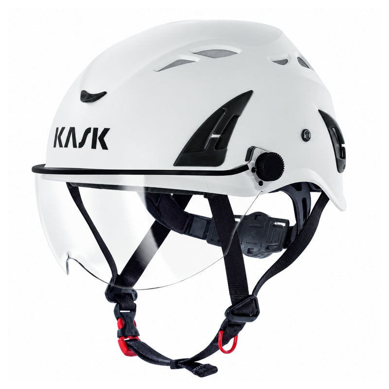KASK V2 Plus mit klarer Scheibe am weissen Schutzhelm, Montagebeispiel