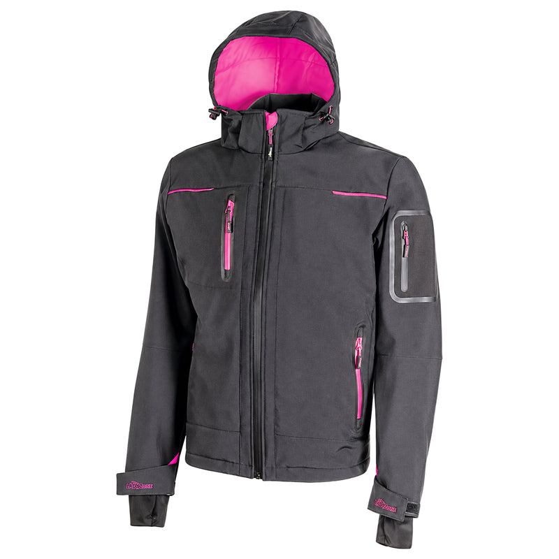 Damen Softshelljacke | Kunstfaser | Vollstretch | winddicht, wasserabweisend & atmungsaktiv | 320 g/m² | mit Kapuze & Daumenschlaufe | EN ISO 13688 | U-Power Space Lady