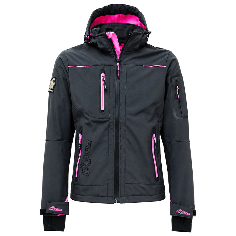Damen Softshelljacke | Kunstfaser | Vollstretch | winddicht, wasserabweisend & atmungsaktiv | 320 g/m² | mit Kapuze & Daumenschlaufe | EN ISO 13688 | U-Power Space Lady