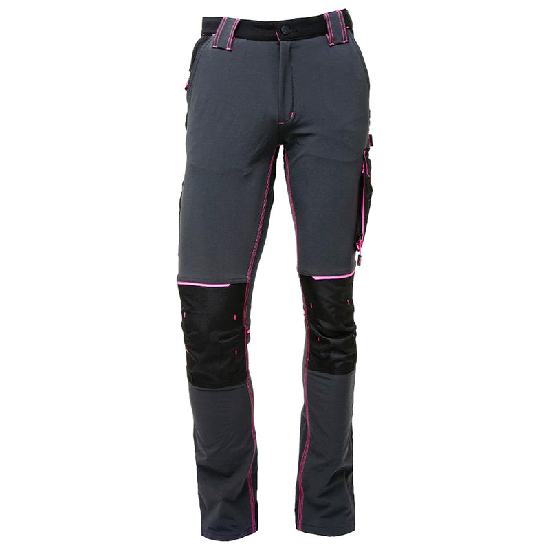 Damen-Arbeitshose | Nylon/Elasthan | 4-Wege-Stretch | Grey/Fuchsia | wasserabweisend | 260 g/m² | EN ISO 13688 | U-Power Atom Lady
