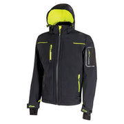 U-Power Space Softshelljacke, Black Carbon, Vorderansicht mit aufgestellter Kapuze