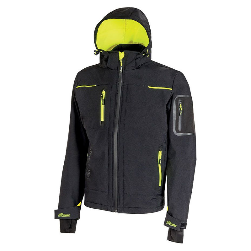 U-Power Space Softshelljacke, Black Carbon, Vorderansicht mit aufgestellter Kapuze