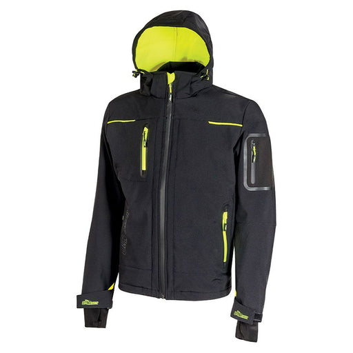U-Power Space Softshelljacke, Black Carbon, Vorderansicht mit aufgestellter Kapuze