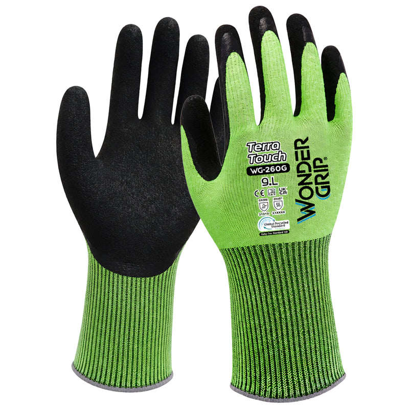 Polyester-Arbeitshandschuhe | Kat II | Latex-Beschichtung | recyceltes Material | Touchscreen-fähig | griffsicher | Wonder Grip® WG-260G Terra Touch