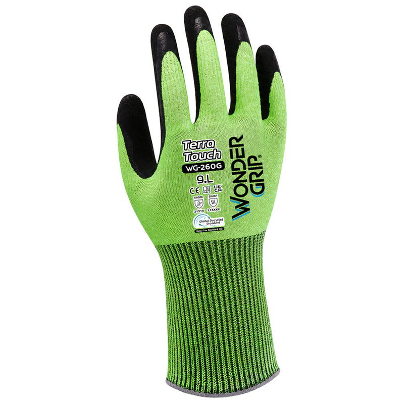 Polyester-Arbeitshandschuhe | Kat II | Latex-Beschichtung | recyceltes Material | Touchscreen-fähig | griffsicher | Wonder Grip® WG-260G Terra Touch