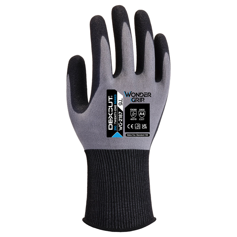 Nylon-Spandex-Schnittschutz-Handschuhe | Stufe D | Kat II | Nitril-Beschichtung | 21 Gauge | Wonder Grip® WG-2187 DEXCUT®