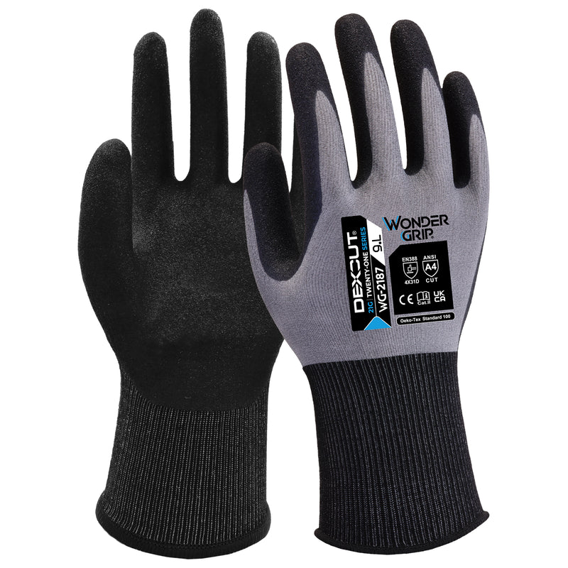 Nylon-Spandex-Schnittschutz-Handschuhe | Stufe D | Kat II | Nitril-Beschichtung | 21 Gauge | Wonder Grip® WG-2187 DEXCUT®