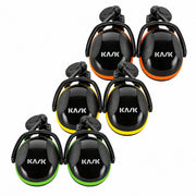 KASK SC Helm-Kapselgehörschutz, Frontalcollage mit SC1 Grün, SC2 Gelb und SC3 Orange, je ein Paar