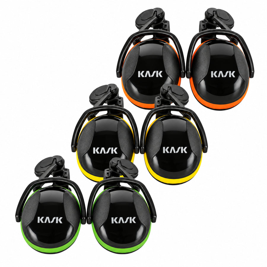 KASK SC Helm-Kapselgehörschutz, Frontalcollage mit SC1 Grün, SC2 Gelb und SC3 Orange, je ein Paar