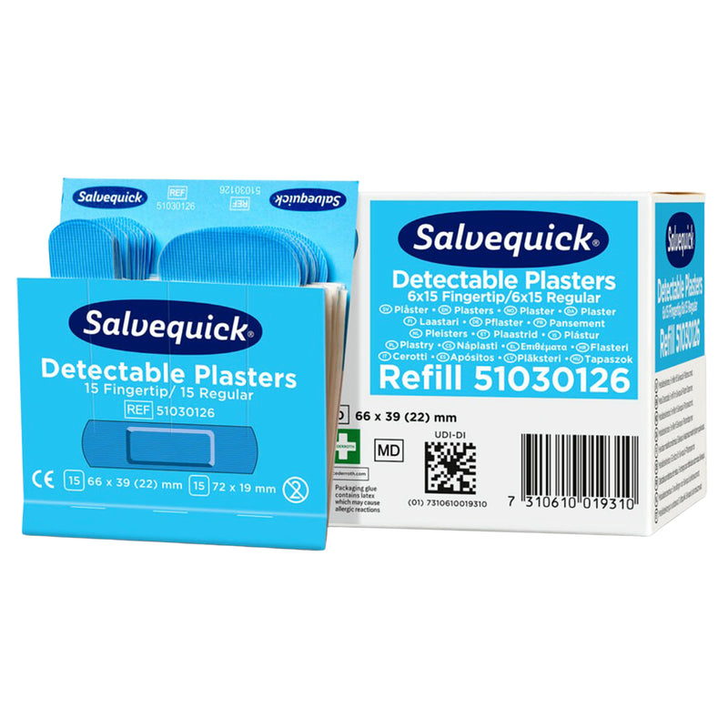Salvequick Pflastermix blau detektierbar | Fingerkuppenpflaster & Pflaster | 6 x 30 Stück | Cederroth 51030126