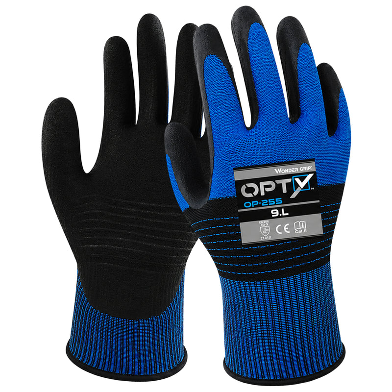 Polyester-Arbeitshandschuhe | Kat II | Latex-Beschichtung | stossdämpfende Handfläche | griffsicher | Wonder Grip® OP-255 OPTY™
