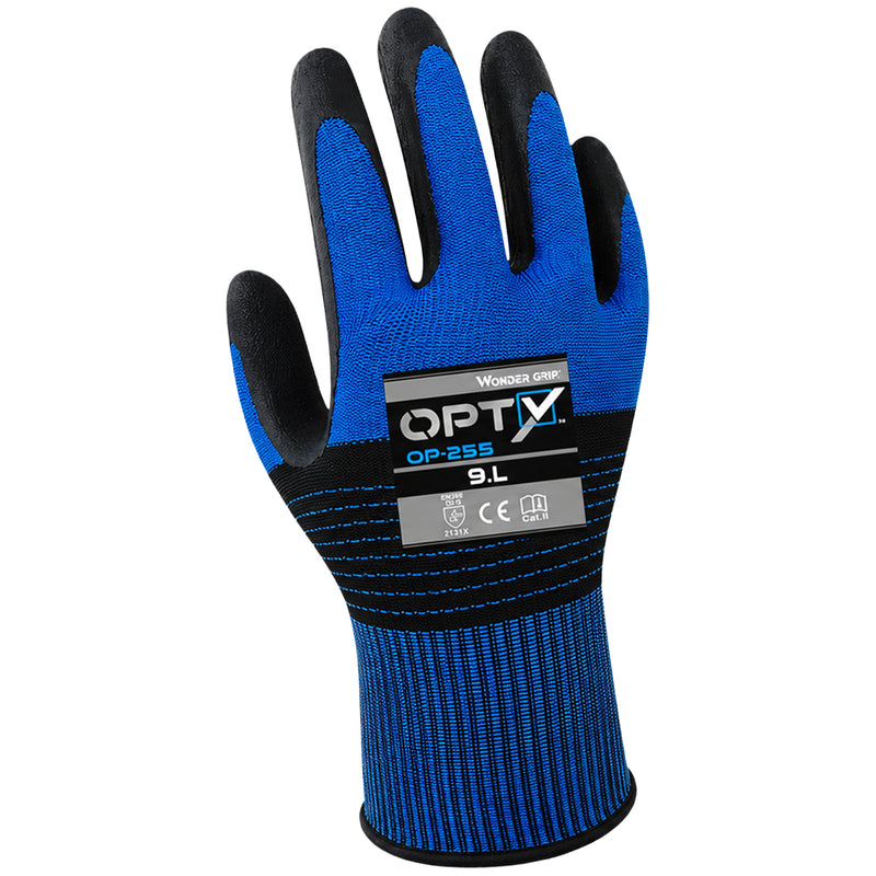 Polyester-Arbeitshandschuhe | Kat II | Latex-Beschichtung | stossdämpfende Handfläche | griffsicher | Wonder Grip® OP-255 OPTY™