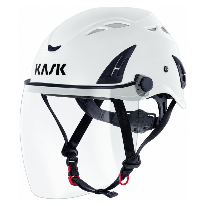 KASK Full Face Visier Klar, Montagebeispiel an einem weissen KASK-Helm nach links