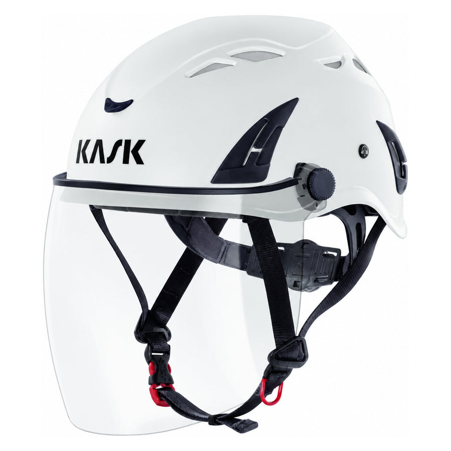 KASK Full Face Visier Klar, Montagebeispiel an einem weissen KASK-Helm nach links