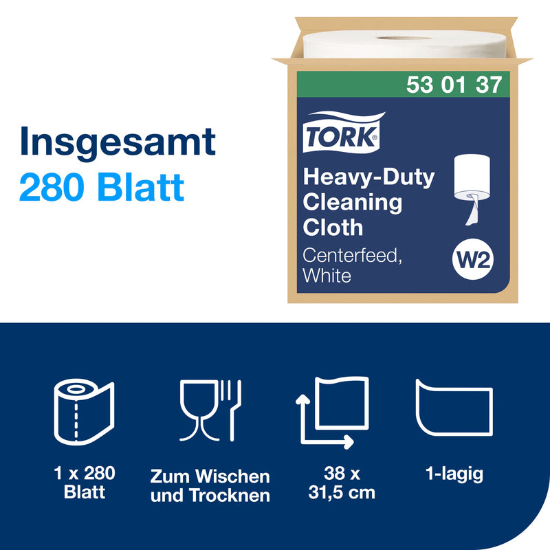 Reinigungstücher W1/2/3 | Extra Stark | Centerfeed | 1-lagig | 106,4 m | 280 Blatt | Premium | TORK 530137