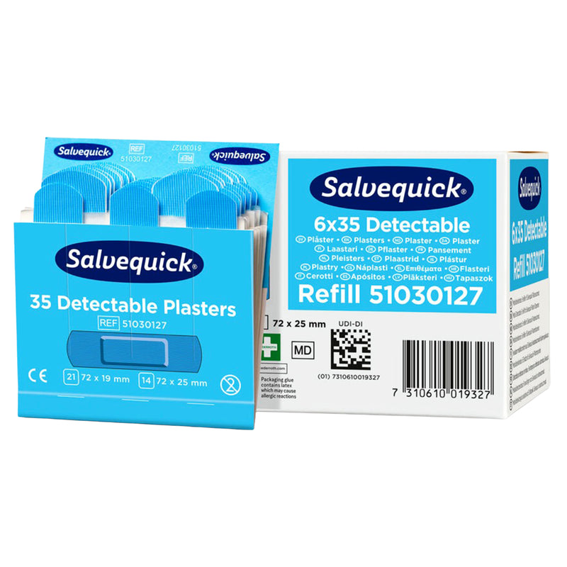 Salvequick Pflaster blau detektierbar | Pflaster-Nachfüllpackungen | 6 x 35 Stück | für Lebensmittelbereiche | Cederroth 51030127