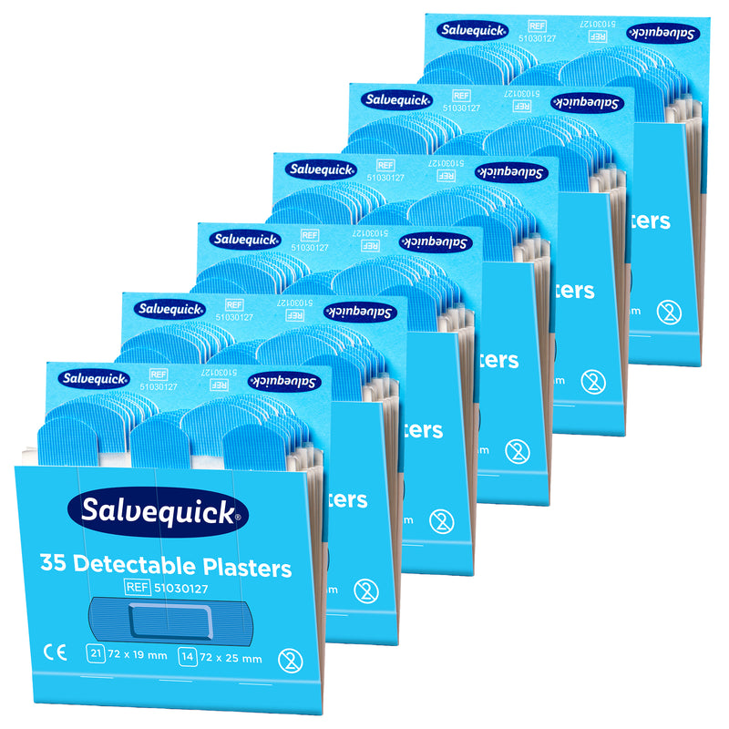 Salvequick Pflaster blau detektierbar | Pflaster-Nachfüllpackungen | für Lebensmittelbereiche | 6 x 35 Stück | Cederroth 51030127