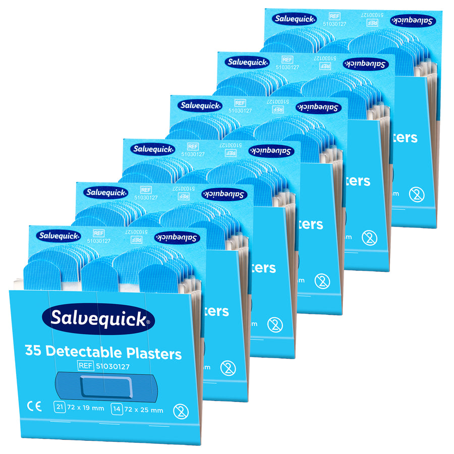 Salvequick Pflaster blau detektierbar | Pflaster-Nachfüllpackungen | für Lebensmittelbereiche | 6 x 35 Stück | Cederroth 51030127