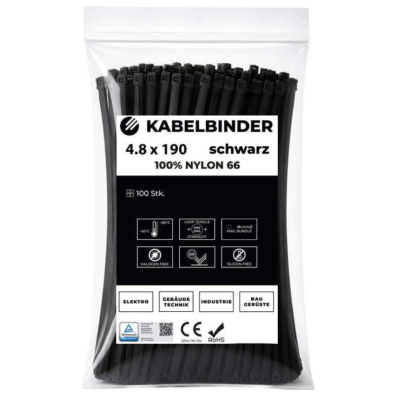 Kabelbinder Universal | 4,8 x 190 mm | Innen- & Aussenbereich | gebogene Spitzen