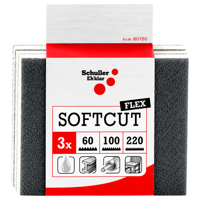 Schleifkissen-Set 125 × 100 × 12,5 mm | P60 / P100 / P220 | Siliciumcarbid | Trocken- & Nassschliff | 3-teilig | Schuller Eh’klar Softcut Flex