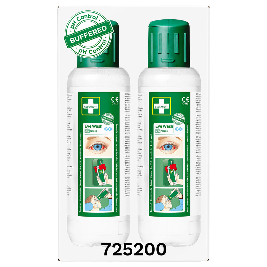 Augendusche 2 x 0,5 Liter | sterile gepufferte Augenspüllösung | phosphatfrei | für Säuren, Laugen & Fremdkörper | Cederroth 725200