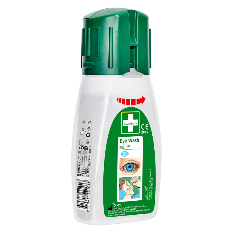 Augendusche im Taschenformat | sterile gepufferte Augenspüllösung | 235 ml | für Fremdkörper, Säuren & Laugen | Cederroth 7221