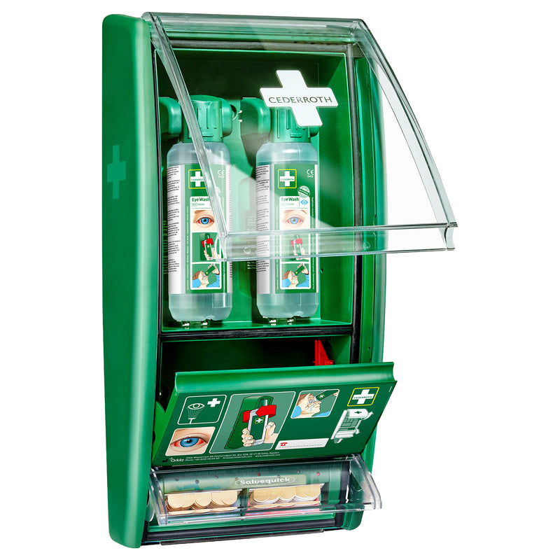 Eye Wash Station | Augenspülstation | mit 2 x 500 ml Augendusche & Pflasterspender | für Säure- & Alkalispritzer | Cederroth 721500