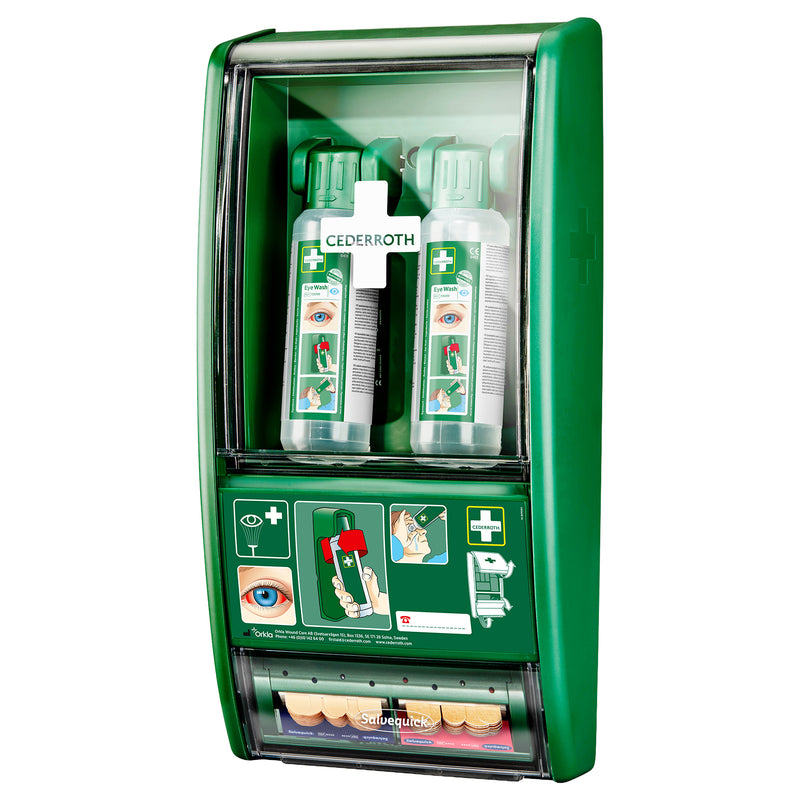 Eye Wash Station | Augenspülstation | mit 2 x 500 ml Augendusche & Pflasterspender | für Säure- & Alkalispritzer | Cederroth 721500