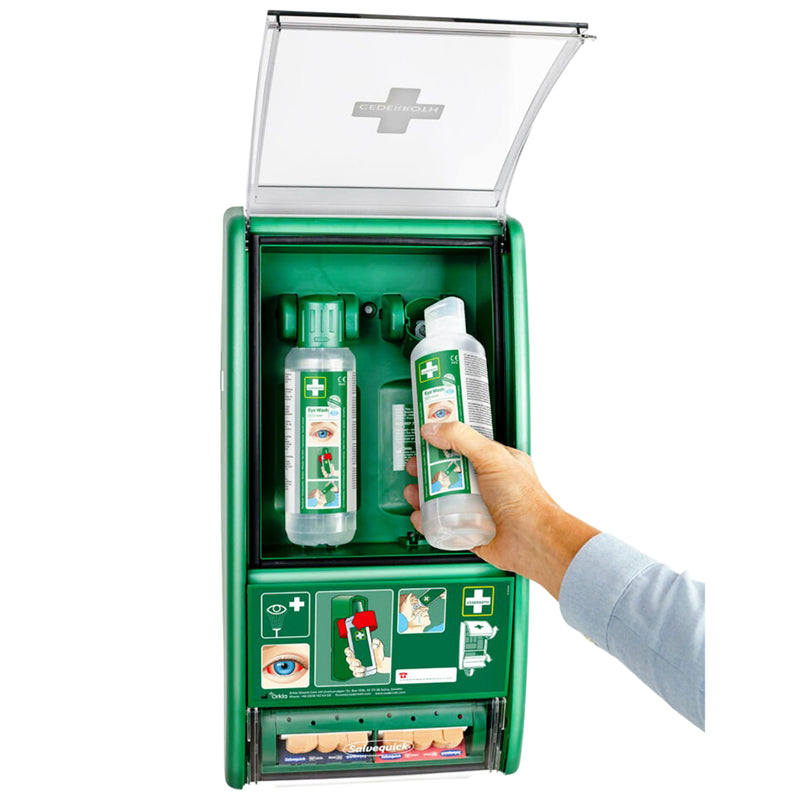 Eye Wash Station | Augenspülstation | mit 2 x 500 ml Augendusche & Pflasterspender | für Säure- & Alkalispritzer | Cederroth 721500