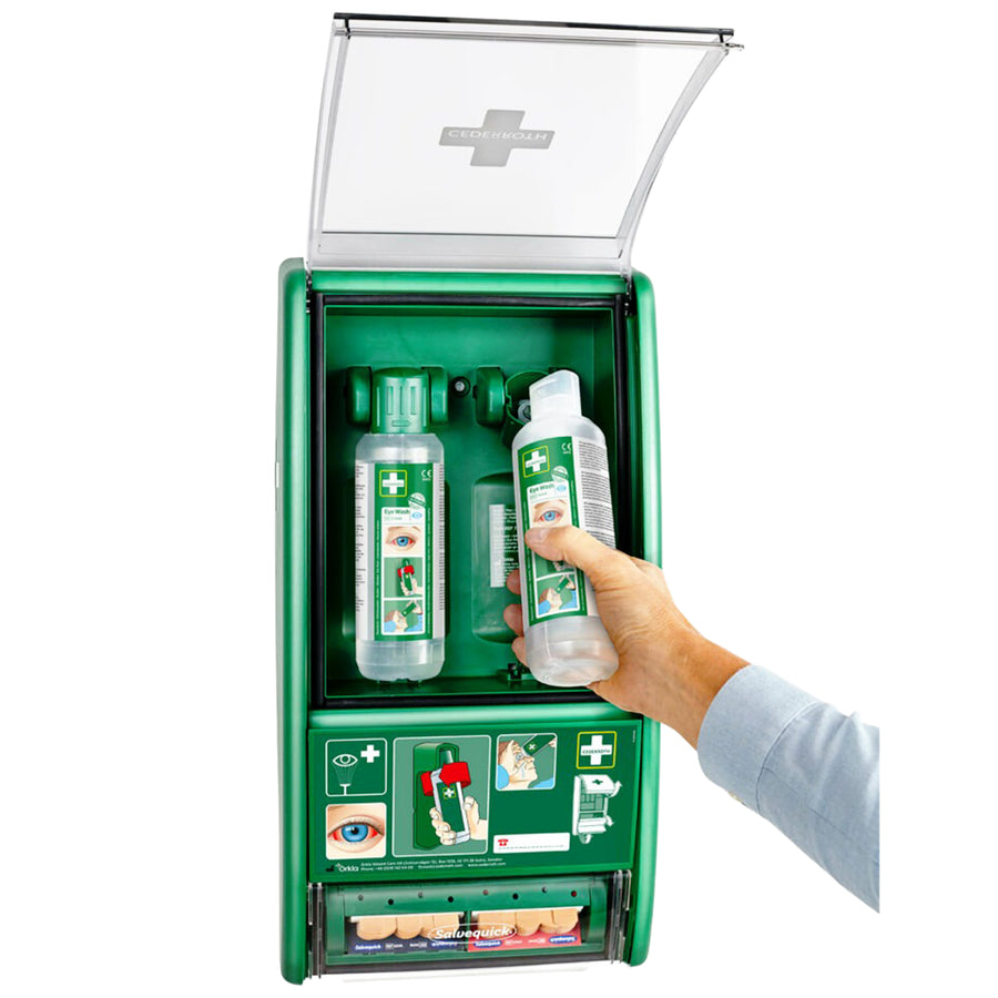 Eye Wash Station | Augenspülstation | mit 2 x 500 ml Augendusche & Pflasterspender | für Säure- & Alkalispritzer | Cederroth 721500