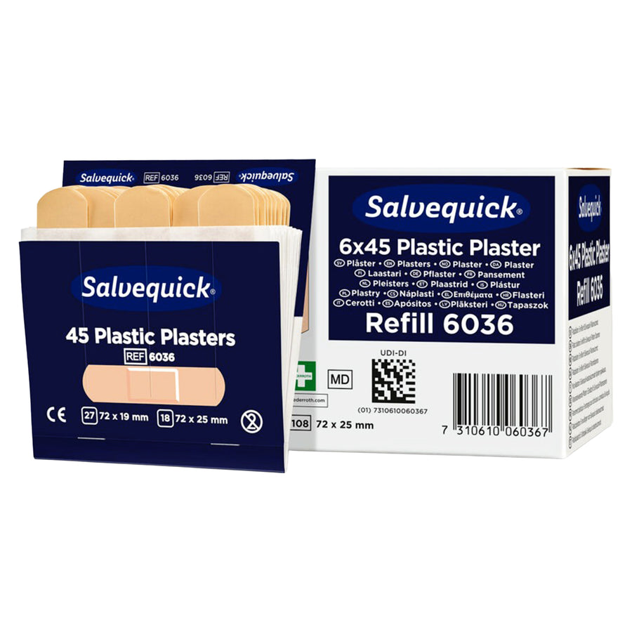 Salvequick wasserabweisende Pflaster | praktische Pflaster-Nachfüllpackungen | 6 x 45 Stück | Cederroth 6036