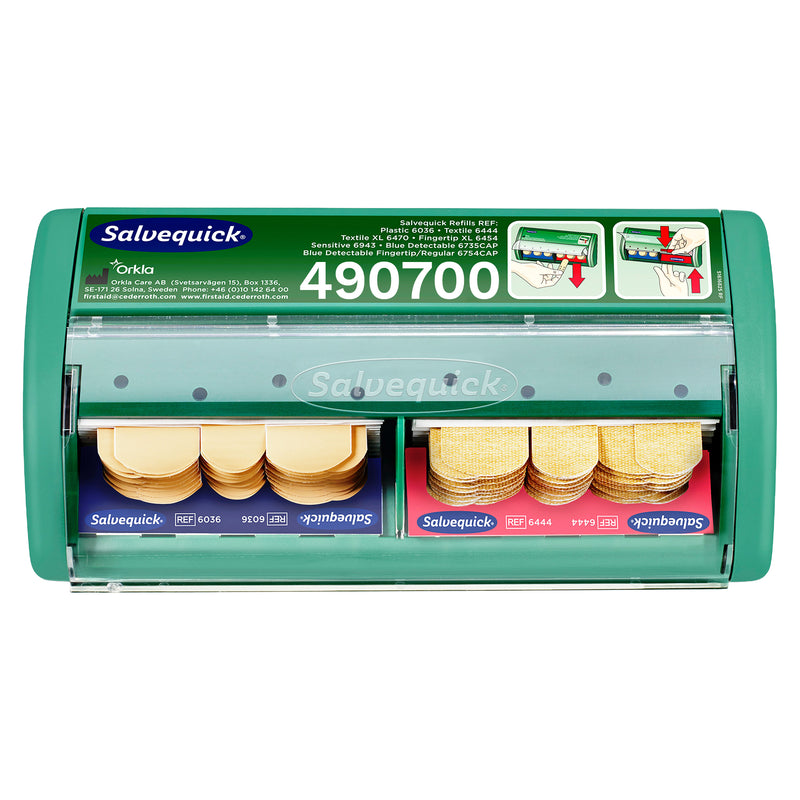 Pflasterspender | Salvequick Pflasterspender | staubgeschützt & einhändig bedienbar | für Textil- & wasserabweisende Pflaster | Cederroth 490700