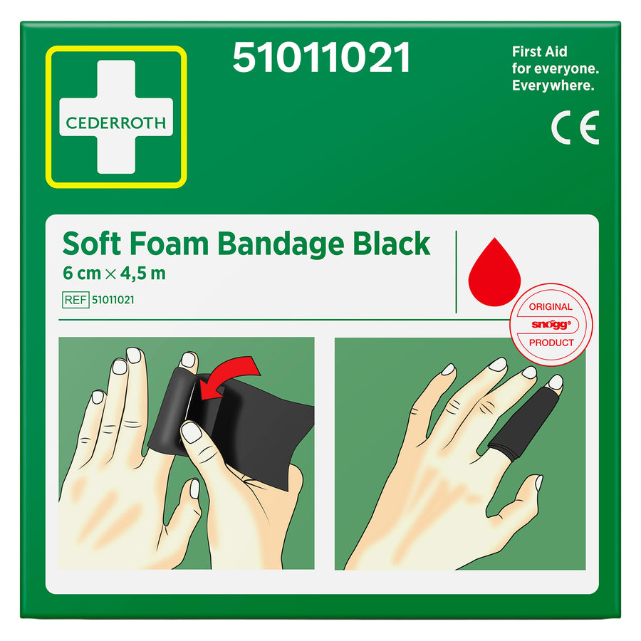 Soft Foam Bandage Black | selbsthaftender Wundverband | 6 cm x 4,5 m | für kleinere Wunden & schmutzige Arbeitsumgebungen | Cederroth 51011021