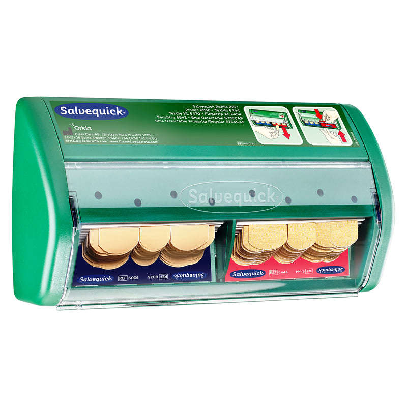 Pflasterspender | Salvequick Pflasterspender | staubgeschützt & einhändig bedienbar | für Textil- & wasserabweisende Pflaster | Cederroth 490700