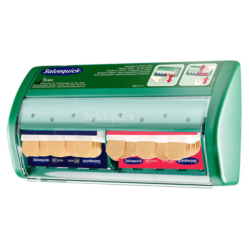 Pflasterspender | Salvequick Pflasterspender | staubgeschützt & einhändig bedienbar | für Textil- & wasserabweisende Pflaster | Cederroth 490700