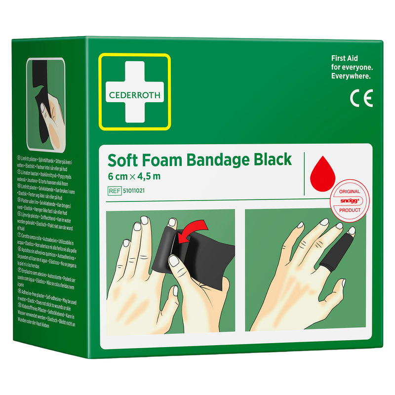 Soft Foam Bandage Black | selbsthaftender Wundverband | 6 cm x 4,5 m | für kleinere Wunden & schmutzige Arbeitsumgebungen | Cederroth 51011021
