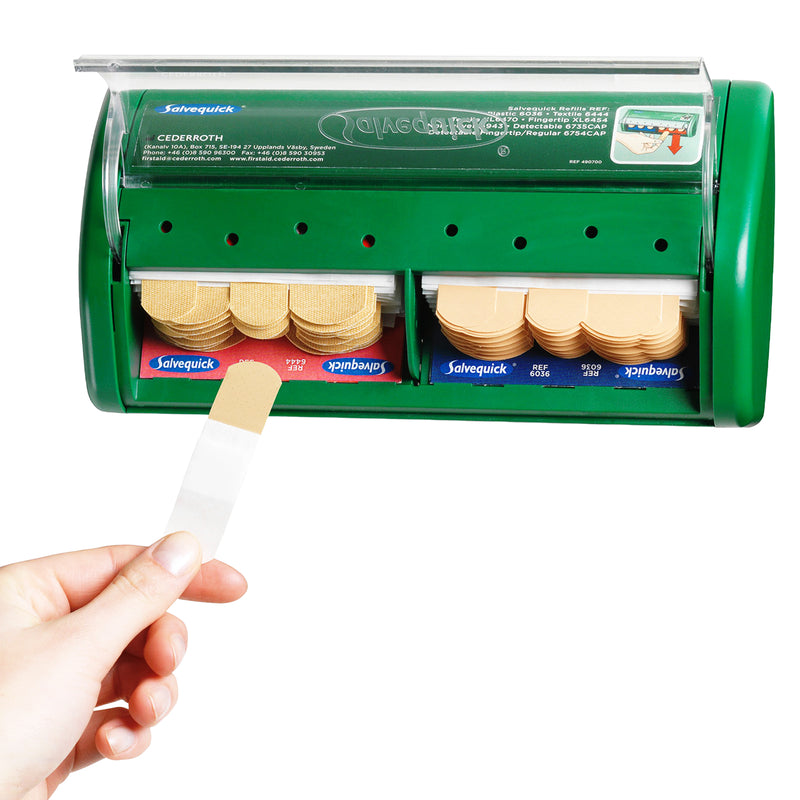 Pflasterspender | Salvequick Pflasterspender | staubgeschützt & einhändig bedienbar | für Textil- & wasserabweisende Pflaster | Cederroth 490700