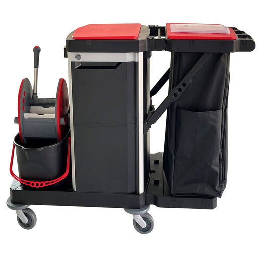 Reinigungswagen | 2 x 15 L | Mopp-Presse | 120 L Abfalleinheit | Tablar | Recycling-Kunststoff | Cleanfix ReUse