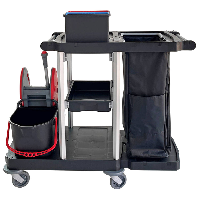 Reinigungswagen | 2 x 15 L | Mopp-Presse | 120 L Abfalleinheit | 2 x 7 Liter | Recycling-Kunststoff | Cleanfix ReUse