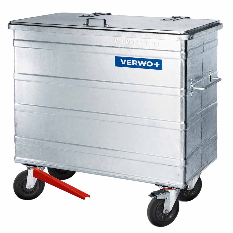 Stahlcontainer 800 Liter mit Fusspedal | bis 400 kg | feuerverzinkt | vier Lenkrollen | mit Bremse | VERWO