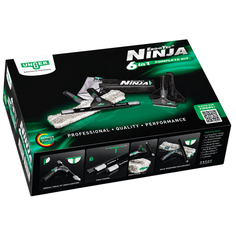 Unger Ninja Fenster-Glasreinigungsset 6in1 | Profi-Set mit Fensterwischer, Einwascher, Schaber & Zubehör | AKN14