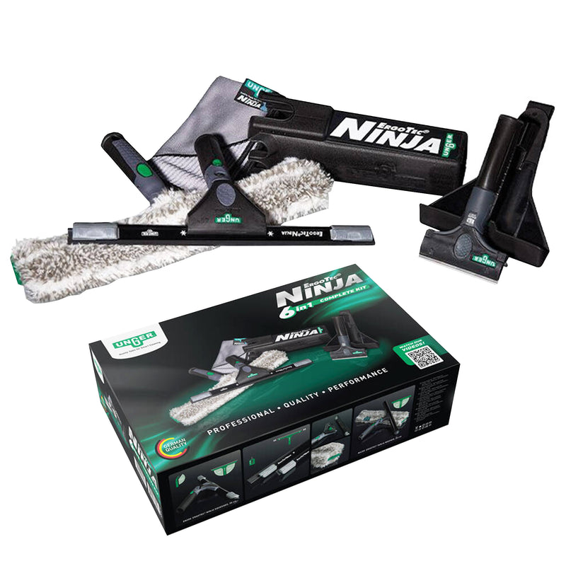 Unger Ninja Fensterreinigungsset | 6 in 1 | Wischer, Einwascher, Tuch, Köcher, Schaber, Halter