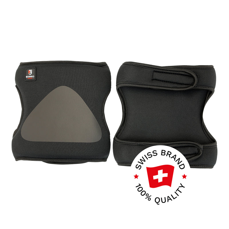 Bormio Safety Hobuck, schwarze Knieschoner, Vorder- und Rückseite mit Swiss-Brand-Button