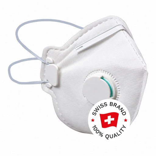 Bormio Hohgant, weisse FFP3-Atemschutzmaske mit Ausatemventil und Swiss-Brand-Button
