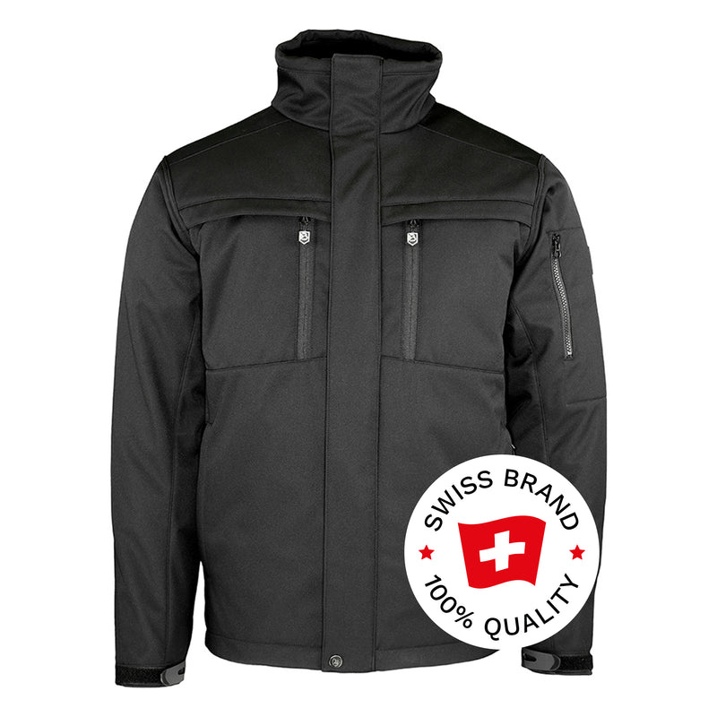 Bormio Spirit Laris, Softshelljacke Schwarz, Front mit Swiss-Brand-Button