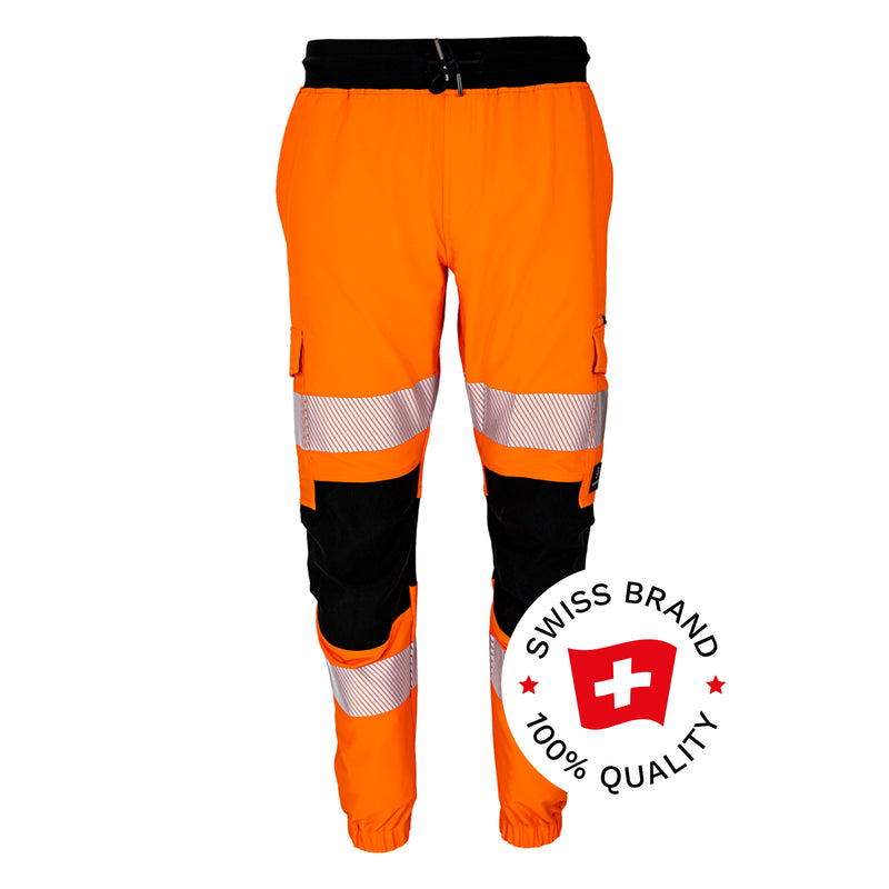 Bormio Safety Moleson, Warnschutz-Jogginghose Orange/Schwarz, Front mit Swiss-Brand-Button