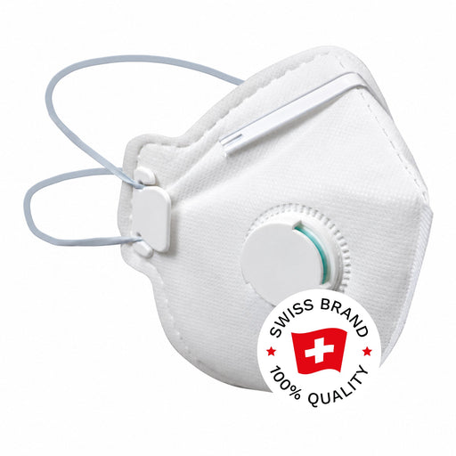 Bormio Selun, weisse FFP2-Atemschutzmaske mit Ausatemventil und Swiss-Brand-Button