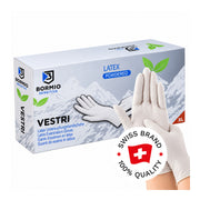 Bormio Vestri, weisse Latexhandschuhe mit Originalbox und Swiss-Brand-Button