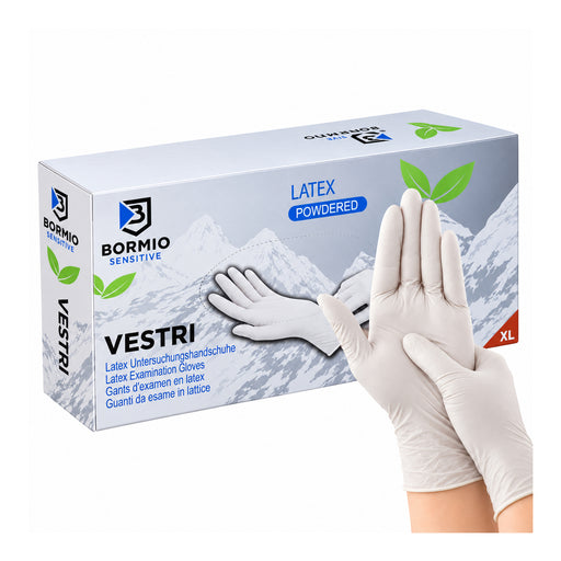 Bormio Vestri, weisse Latexhandschuhe mit Originalbox