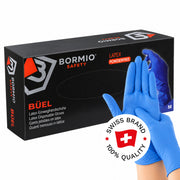 Bormio Safety Büel, blaue Latex-Einweghandschuhe, Box und getragene Handschuhe, Swiss-Brand-Button